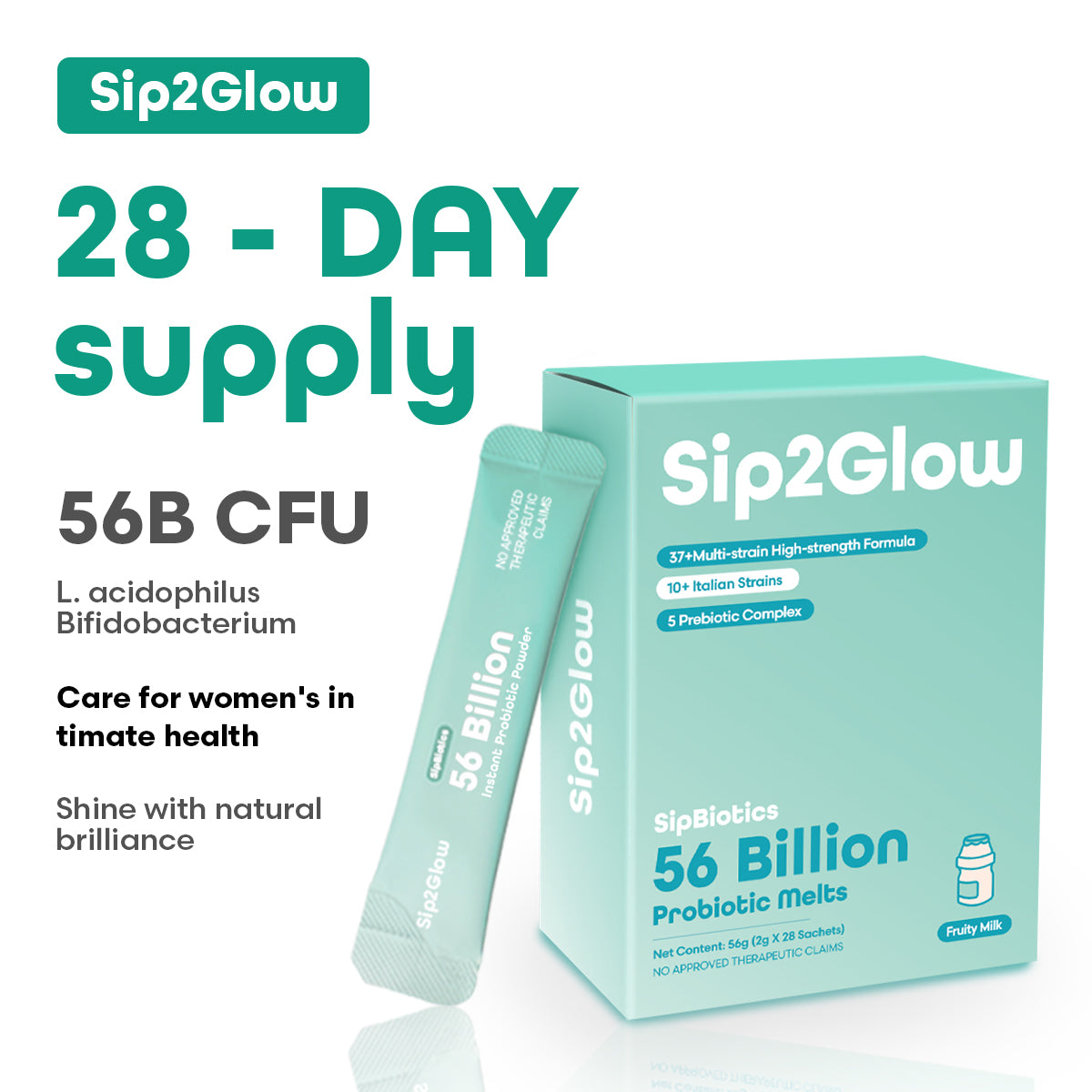 Sip2Glow Instant Probiotic Powder | 56B CFU, 37 Strains for Digestive & Gut Health